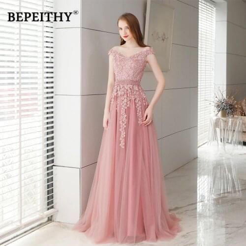 Abendkleider Pink Long Lace Evening Dress With Pearls Vestido De Festa Vintage Prom Dresses Party Elegant 2020 Vestido Longo