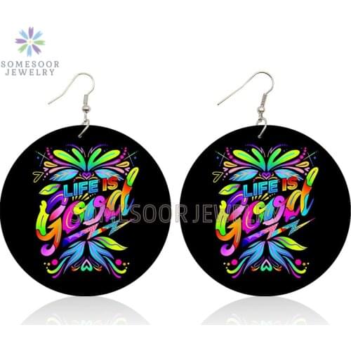 SOMESOOR Life Is Good Words Art Painted Wood Drop Earrings Keep Real Inspiring Sayings Photos Wood Dangle Jewelry For Women Gift