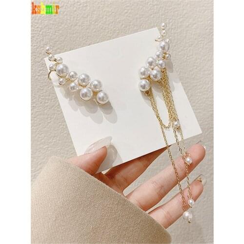 Kshmir Fashionable earring long pearl tassel asymmetry ear bone clip temperamentally female advanced sense earring 2021