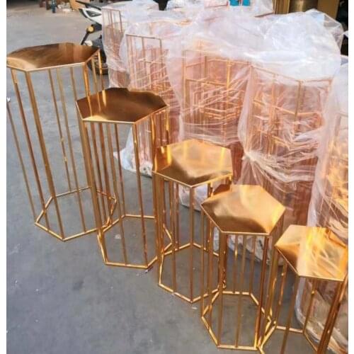 Hexagon gloss metal dessert table rack grand event backdrops cake stand flower display wedding welcome party table dessert stand