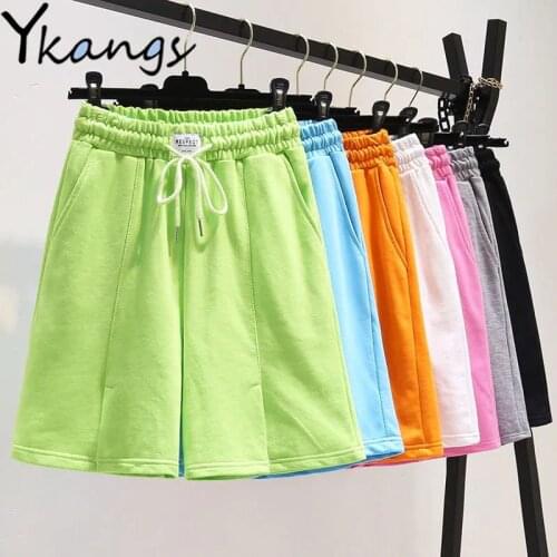 Split Harajuku Solid Color Elastic High Waist Shorts Korean Style Fashion Simple Running Baggy Biker Sweat Shorts Loose Casual