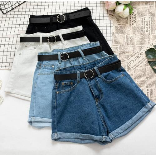 Summer White Black Womens Jeans Shorts Vintage High Waist Denim Shorts College Wide Leg Hotpants Casual Shorts With Belt C7359
