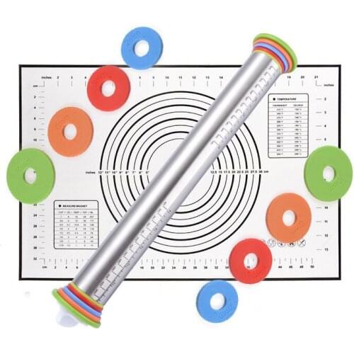 17 Inch Adjustable Stainless Steel Rolling Pin with Detachable Ring Dough Roller Baking Mat Cookie Pastry Pizza Pastry Tool