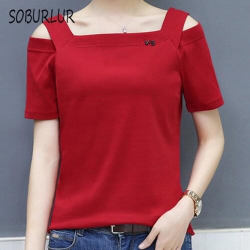 SOBURLUR Womens T-shirt Sexy Crop Top Woman Clothes Short Sleeve T shirt Solid color Tees LGirls Lady Plussize Loose T-Shirts