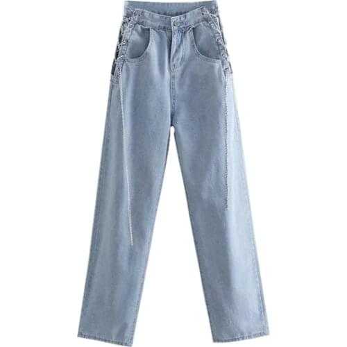 Loose Wide Leg Floor Dragging Pants Womens Design Sense Two Sides of The Waist Chain Decoration Denim Straight Pants Dlzk702