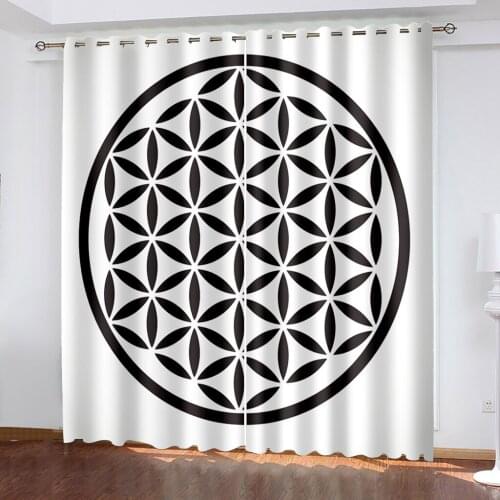 Home Decoration Curtain Living Room Bedroom Black Silk Cloth Grommet Top Curtains Round Black and White Pattern Print