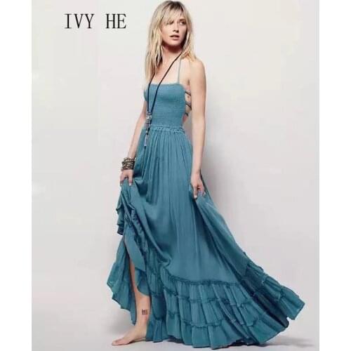 IVY HE High Quality Summer Dress Woman Clothing Sexy Bareback Straight Neck Bra Holiday Long Dress Traf Robe ZA Party Dresses
