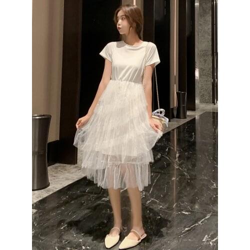 ZB4014 2020 Summer new women fashion short sleeve stitching irregular mesh yarn cake dress cheap wholesale