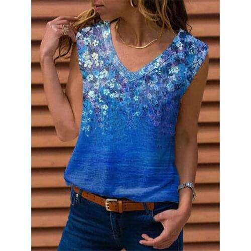 Women s Print Casual T-Shirt 2021 Summer Fashion Lady V Neck new European and American womens floral vest sleeveless T-shirt