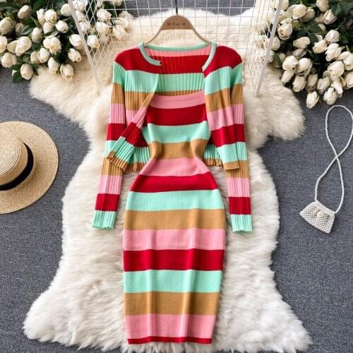 Women Knit Two Piece Set 2021 Autumn Fashion Rainbow Striped Spaghetti Strap Mini Bodycon Dress + Long Sleeve Sweater Cardigan