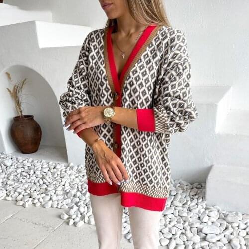 Womens Knitting Cardigans Sweater Diamond Pattern Color Contrast Loose Casual Knitted Cardigan Jacket