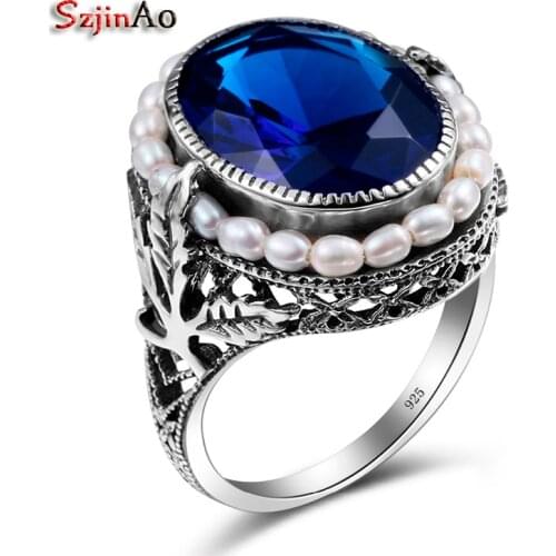 Szjinao Handmade Rose Sapphire Jewelry Natural Pearl Big Rings For Women Gift 925 sterling-silver-jewelry Wholesale