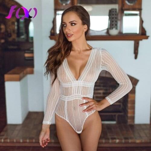 Womens Sexy Lace Body Long Sleeve Backless Bodysuit Deep V Neck Mesh See Through Jumpsuit Bodycon Slim Skinny Party Club Wear