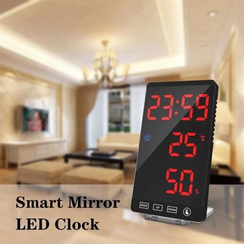 6 Inch LED Mirror Alarm Clock Touch Button Wall Digital Clock Time Temperature Humidity Display Automatic Dimming Digital Clock
