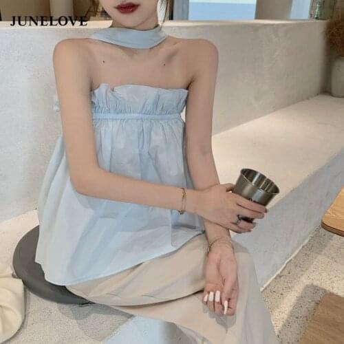 JuneLove Women Summer Japan Girls Sleeveless Tops Vintage Sexy Halter Blouse Casual Holiday Lady Sweet Korean Fashion Shirts