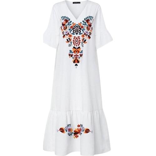 Bohemian Women Summer Dress 2021Ladies Floral Print Maxi Dresses Vintage Ruffles Elegant Vestidos White Beach Robe Plus Size 5XL