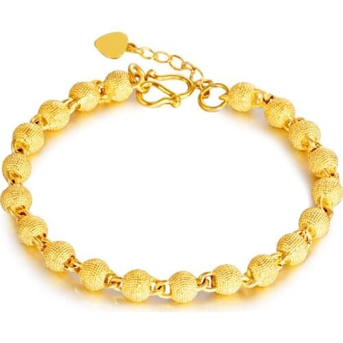24k Yellow Gold Plated Bracelet For Women Vietnam Sand Gold Frosted Transit Bead Hand Chain Wedding Engagement Fine Jewelry Gift