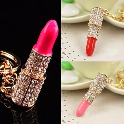 Charm Crystal Keychain Lipstick Key Holder Rhinestone Keyring Keyfob Red Rose Pendant Key Chain Rings Women Jewelry