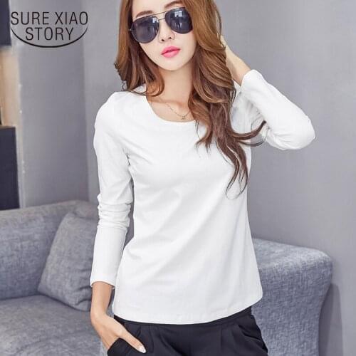 Black and White Slim Long Sleeve T-Shirts Female Elegant Tops Plus Size Women Cotton White T-shirt Autumn O-Neck Clothes 6979 50