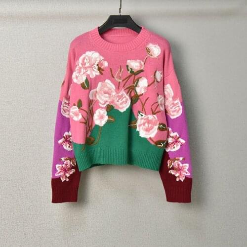 2021AW Autumn Fashion New Women Flower Embroidery Wool Knitted Jumpers Female Casual Sweater