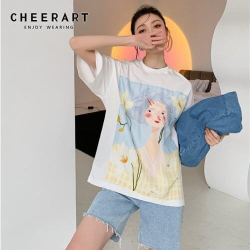 CHEERART Graphic T Shirts Women Oversized Crewneck Summer Top 2021 White Short Sleeve Tees Funny Fashion Designer Clothes