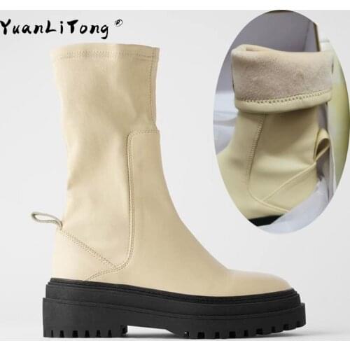 2020 New Chelsea Womens Boots Thick-Soled Martin Boot Vanilla British Style Thin Mid-Calf Boots Femal Winter Shoes