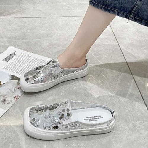 Casual Fashion Square Head Sequined Flat Bottom Comfortable Ladies Baotou Half Slippers Summer New Style Outer Wear