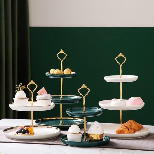 Nordic Green luxury ceramic string plate living room fruit dessert three layer tray double layer dessert cake bread set plate