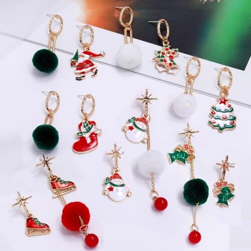 Starlight Christmas Drop Earring Bell snowman Christmas Tree skates Santa Claus Cute asymmetric Hairball Tassel Earrings Jewelry