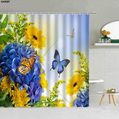 Dream Flower Blue Yellow Butterfly Shower Curtain Rose Watercolor Sunflower Fabric Home Bathroom Decor Cloth Curtains With Hooks
