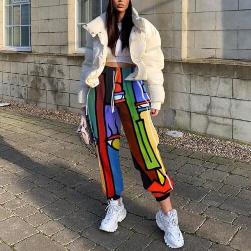 Women Clothing Bottoms Floral Print Multicolor Street-Style Sport Loose Pants for Footing