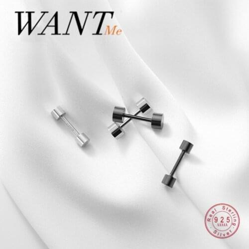 WANTME Real 925 Sterling Silver Simple Punk Geometric Round Barbell Stud Earrings for Fashion Women Unisex Jewelry Accessories