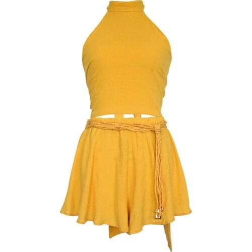 AECU Two Piece Top and Short Women Suit Sets Casual Shorts Suit Tie Back Sleeveless Holiday Beach Women Suit Set Yellow