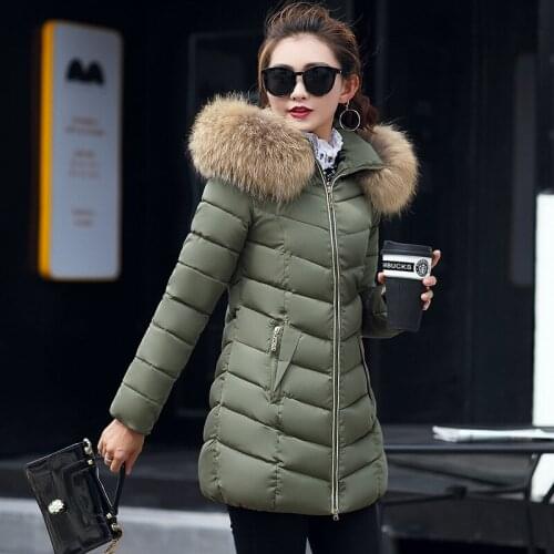 Big Fur Collar 2021 New Women Down Cotton Middle Length Coat Jacket Feminine Long Sleeve Slim Outwear With Zipper Plus Size