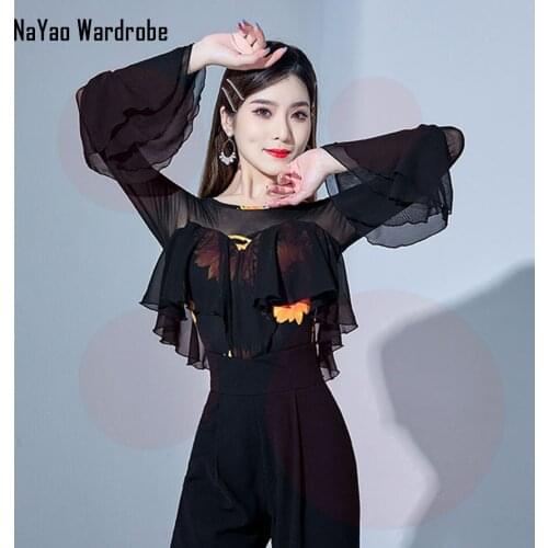 2021 New L21320 Lotus Sleeve And Bust Design Female Latin Dance Bodysuit Women Performance Modern Dancing Tops Latino Dancewear