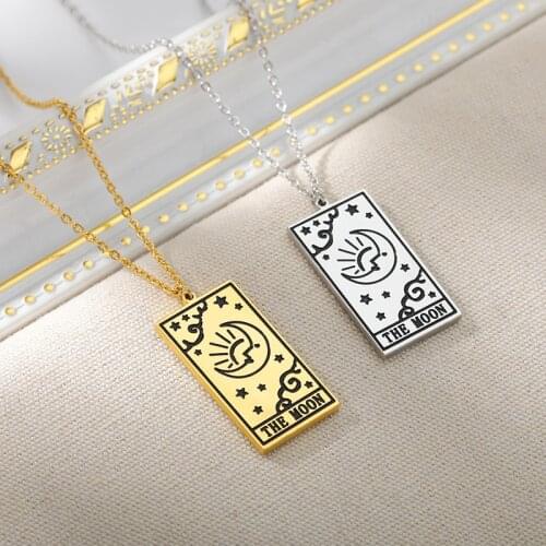 Sun Moon Star Tarot Card Necklace Women Stainless Steel Collar Vintage Gold Sliver Color Square Amulet Pendant Necklaces Collier