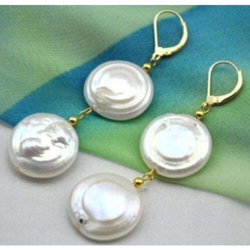 11-12MM AAA++ WHITE COIN PEARL DANGLE BAROQUE EARRING 14k/20