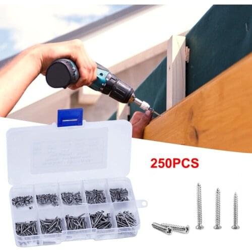 250pcs Flat Head Self-tapping Screws M2 Stainless Steel Phillips Flat Head Wood Screws Philips Screws Assortment Set