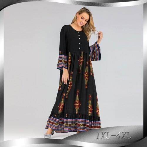 Abayas For Women Dubai Plus Size Womens New Fashion Casual Loose Long-sleeved Printed Big Pendulum Dress Muslim Woman Dress