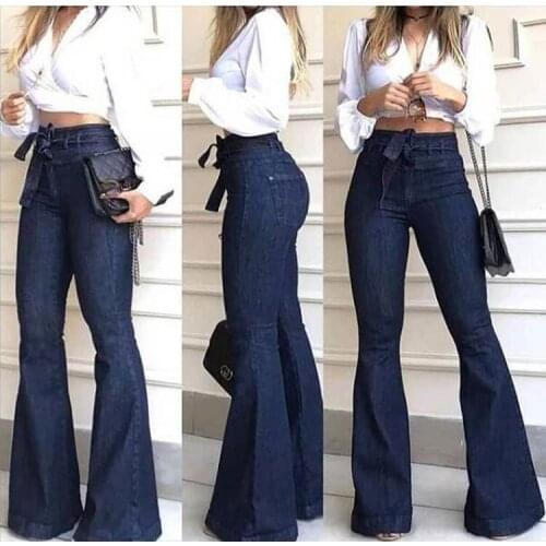 American New Womens Trousers High Waist Micro-elastic Lace-up Flared Pants Wide-leg Pants Jeans Women