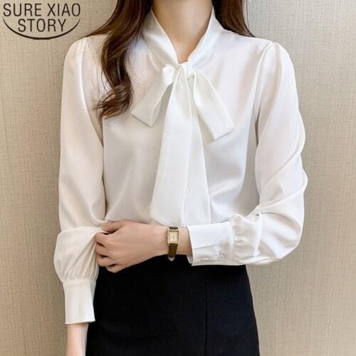 White Blouse Fashion Bow Shirt Women Tops Elegant Satin Blouses Silk Shirt Autumn Long Sleeve Blouse V-neck Blusas Clothes 16579