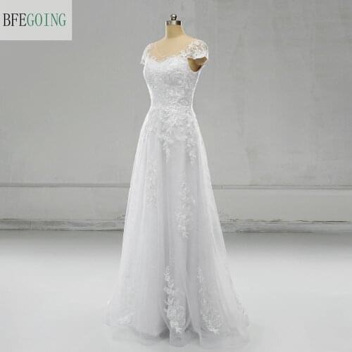 White Lace Appliques Tulle Satin V-Neck Cap Sleeves A-Line Floor-Length Wedding Dresses Custom Made