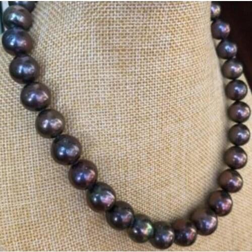 Noble jewelry stunningAAA12-15mm Freshwater round black green red pearl necklace