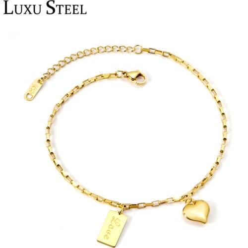LUXUSTEEL Summer Style Gold Color Stainless Steel Leg Bracelet Womnen Accessories Fashion Box Chains Heart Pendants Anklets