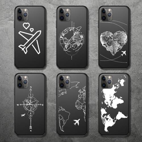 Ottwn Airplane Phone Case For iPhone 11 Pro Max 12 Pro XS Max 6 6S 7 8 Plus XR Cartoon Black World Map Love Soft TPU Back Cover