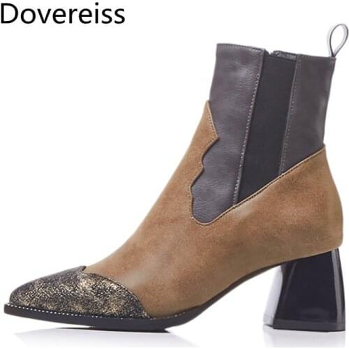 Dovereiss Fashion Womens Shoes Winter sexy Zipper Chunky heels brown Short boot Elegant sexy Concise Mature 43