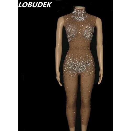 Nude Mesh Transparent Rhinestones Jumpsuit Sleeveless See Through Rompers Women Birthday Prom Sexy Crystals Leggings DS Costume