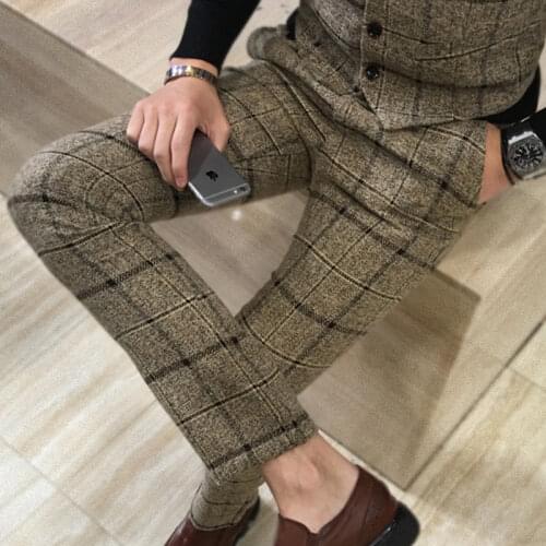 New 2019 Men Fashion Boutique Thick Grid High Quality Business Suit Pants / Mens Wedding Dress and Groom Suit Pants Men Trousers