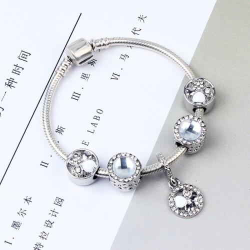 Silver Plated Bead Bracelet Lucky Clover White Clear CZ Snake Chain Basic Charm Bracelet For Fashion Women DIY Jewelry Gift