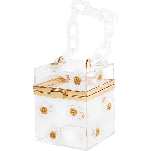 Women Transparent Box Bag Clear Acrylic Evening Clutch Purse Daisy Flower Women Girl Vintage Wedding Party Handbag Summer Bag